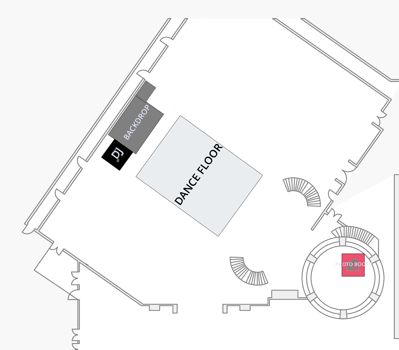 Reception venue floor plan with dance floor, backdrop and DJ booth